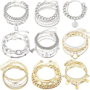 33 Pcs Metal Bracelets Set for Women Mixed Gold Silver Stylish Stackable Jewelry